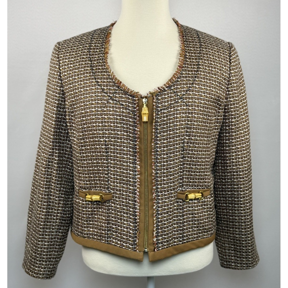 Ellen Tracy Beige Tweed Bamboo Accents Zip Blazer Size 16